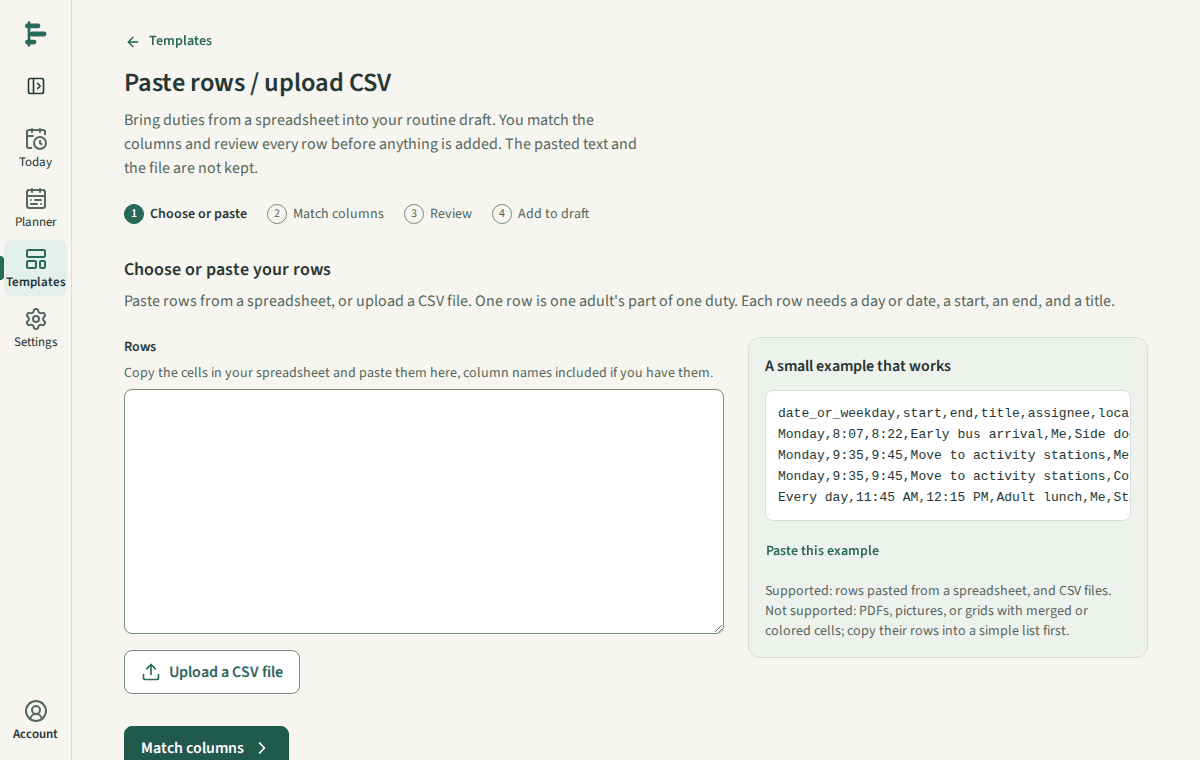 The row import screen at its first step, Choose or paste.